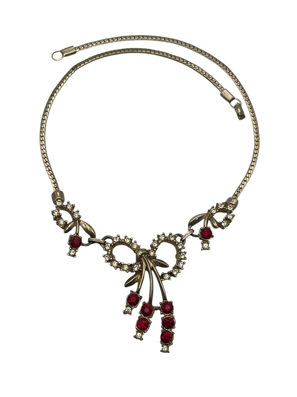 Red & clear rhinestone gold tone bow necklace vintage